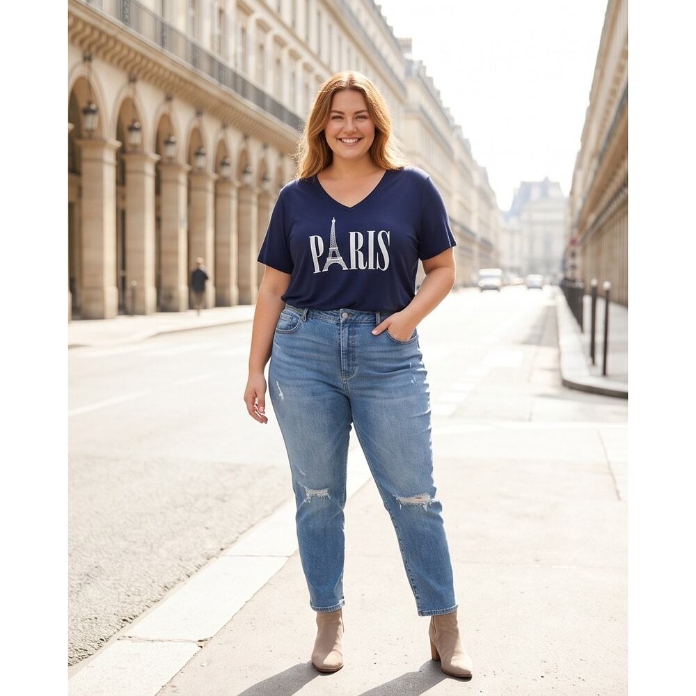 Shiela Rose Paris Graphic V-Neck T-Shirt Navy Blue Size 2X